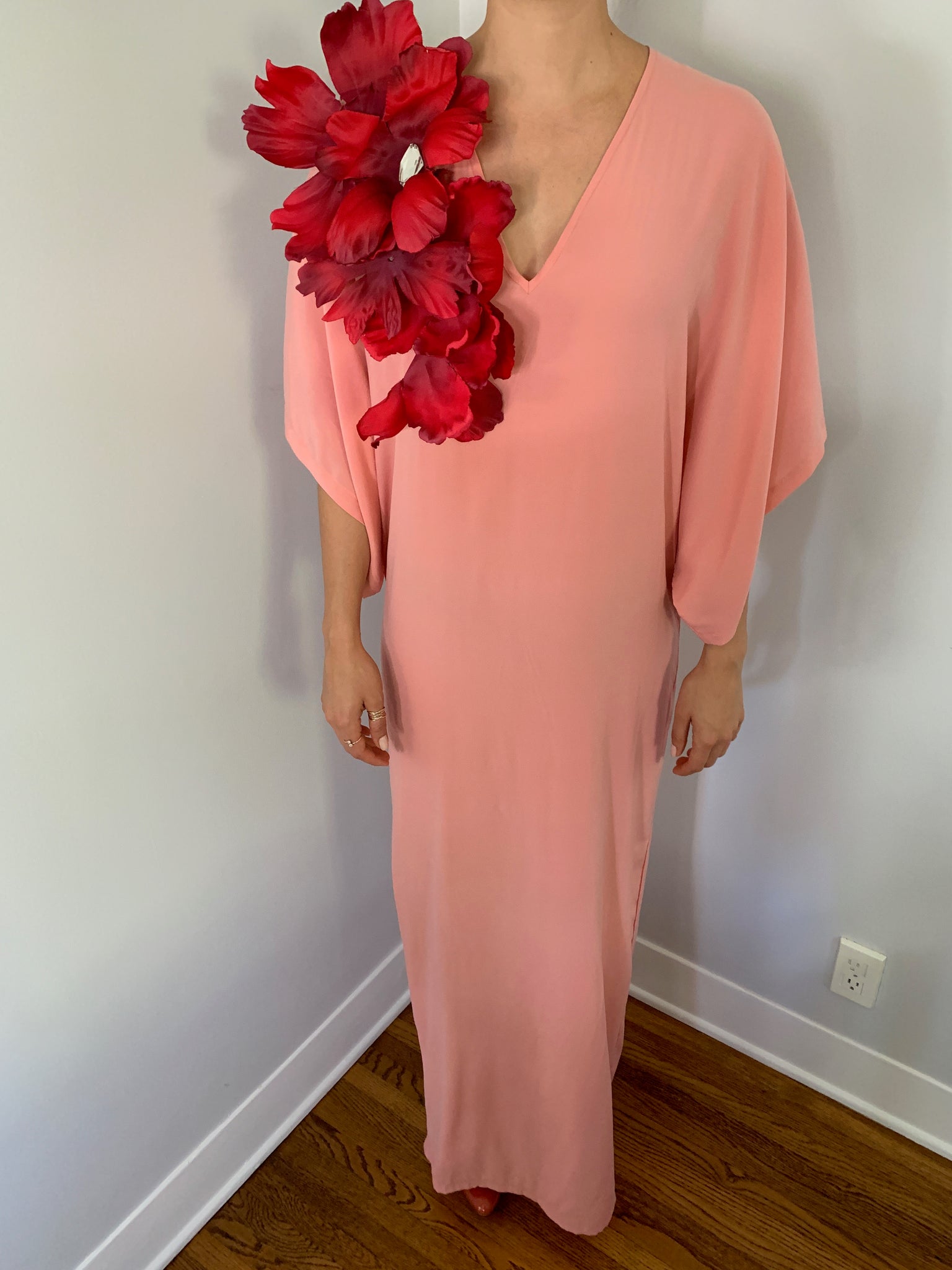 Silk Persimmon Gown with Hand-sewn Flowers